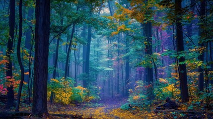 Fototapeta premium Bright Yellow Autumn Forest Mist Path Poster with Dense Canopy and Golden Vegetation Dreamy Landscape