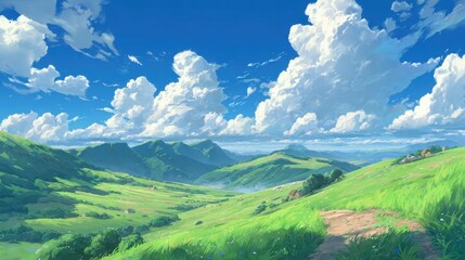 Lush green hills stretch across the landscape under a bright blue sky with fluffy white clouds. The peaceful scenery invites relaxation and reflection in a serene countryside.