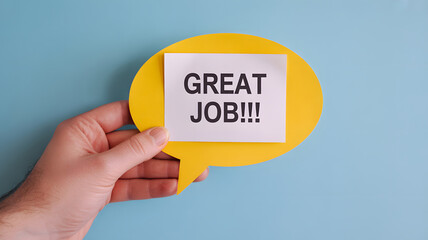 Inspiring great job message in hand with cheerful yellow speech bubble against a soft blue backdrop, perfect for positive feedback or encouragement