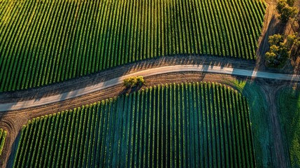 Aerial View of Lush Green Vineyards and Winding Country Road