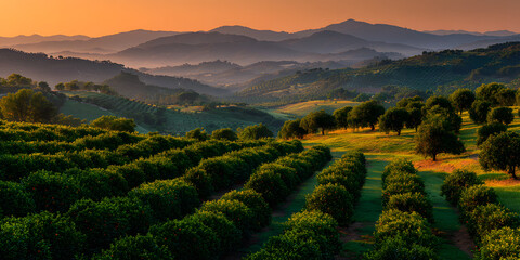 Naklejka premium Golden sunrise over lush orange grove with rolling hills backdrop. serene rural landscape, perfect for nature themes. ideal for wallpapers and postcards. AI