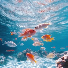 Fototapeta premium Underwater Symphony: A vibrant and serene underwater scene featuring a school of colorful fish gracefully swimming through crystal-clear turquoise water, coral reefs providing a rich ecosystem 
