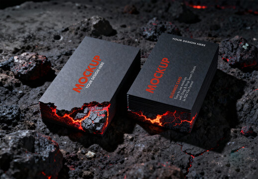 Black Business Card Mockup on Volcanic Lava Rock with Glowing Edges