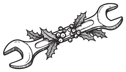 Hand-drawn wrench with holly and berries in festive decor – retro hand drawn illustration