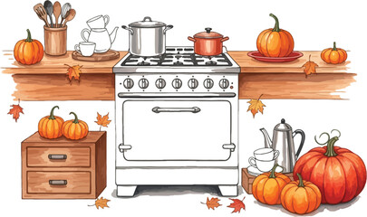Watercolor illustration of a kitchen with pumpkins and autumn leaves decoration