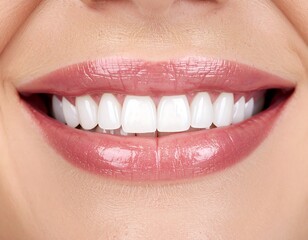 Obraz premium Close-up of a beautiful woman's perfect smile with healthy white teeth and glossy pink lips.