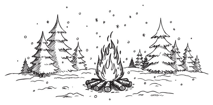 Winter forest scene with campfire and snowflakes – retro hand drawn illustration