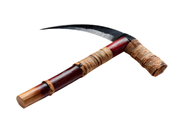 A traditional wooden-handled sickle isolated on transparent background. Perfect for agricultural and historical themes.