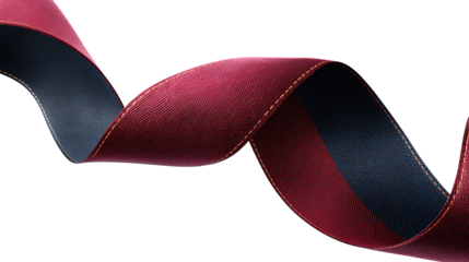 Ribbon banner with crimson and navy stripes curled in elegant S-shape isolated on transparent background.
