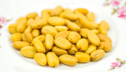 Fototapeta premium Pile of yellow oblong seeds on a plate