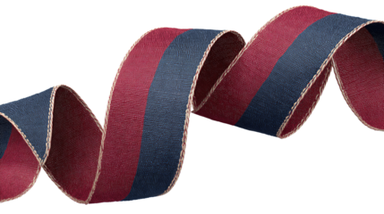 Ribbon banner with crimson and navy stripes curled in elegant S-shape isolated on transparent background.
