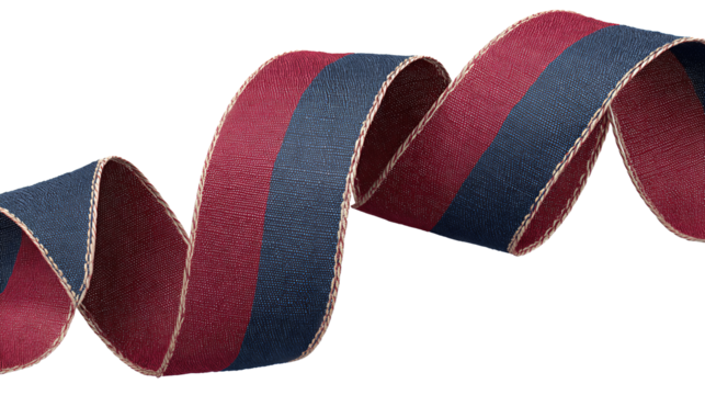 Ribbon banner with crimson and navy stripes curled in elegant S-shape isolated on transparent background.