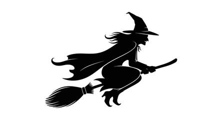 Silhouette of a witch with a hat, flying on a broomstick.