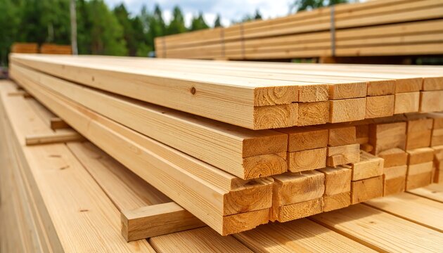 Piled lumber planks in outdoor storage