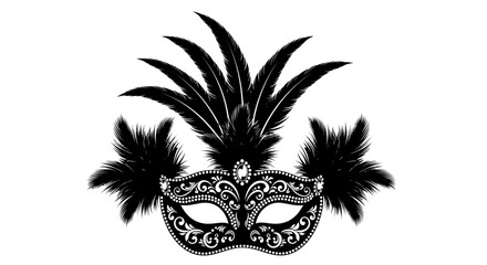 Ornate black masquerade mask with feathers and decorative swirls, isolated on a white background.