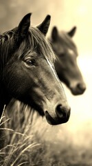 Majestic horses standing gracefully in a misty field during early morning