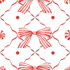 Christmas watercolor seamless pattern with holidays red ribbons. Hand drawn New Year illustrations decoration.