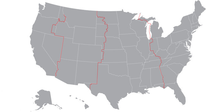 USA Time Zones Lines on a Grey Map Editable