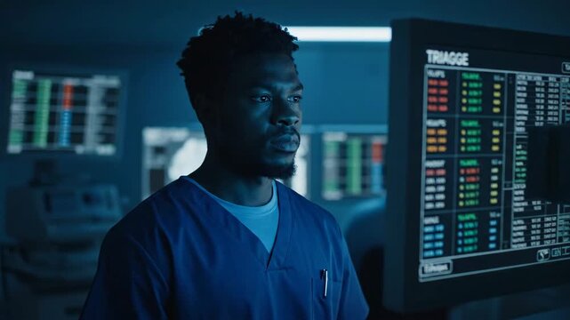 Medical Professional Monitoring Patient Data - A medical professional, possibly a nurse, is focused on a large triage screen displaying patient data.