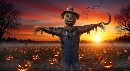 Spooky scarecrow in a pumpkin field at sunset creates a thrilling Halloween scene