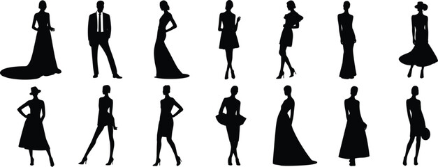 Fashion silhouettes, formal and semi-formal attire, stylish poses, black icons, diverse outfits, elegant figures, wardrobe variety, runway stance, accessory detail