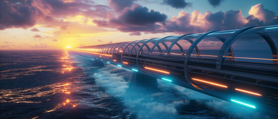 Futuristic Ocean Bridge Glowing at Sunset Sci Fi Seascape Concept 