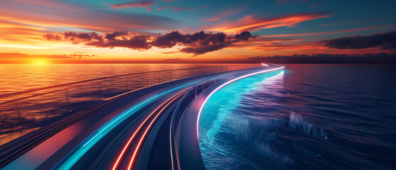 Futuristic Highway Curving at Sunset with Neon Light Trails Speed Concept