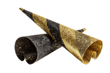 Black velvet and gold glitter party horns with scattered shimmer isolated on transparent background.
