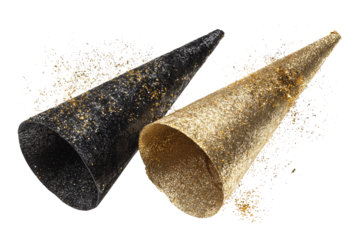 Black velvet and gold glitter party horns with scattered shimmer isolated on transparent background.
