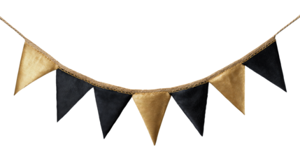 Pennant bunting with alternating black velvet and gold satin triangles on cord isolated on transparent background.
