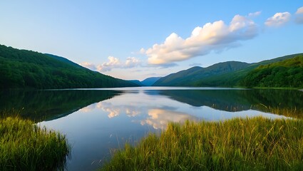 Naklejka premium Scenic Lake Reflection Landscape Surrounded by Forest and Mountains Under Sky