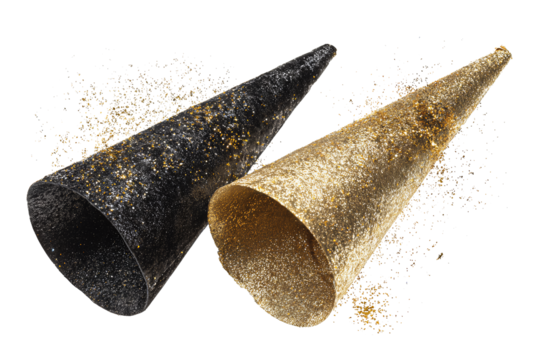 Black velvet and gold glitter party horns with scattered shimmer isolated on transparent background.
