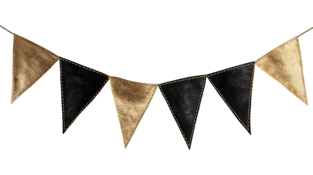 Pennant bunting with alternating black velvet and gold satin triangles on cord isolated on transparent background.
