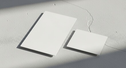 Two blank white cards casting soft shadows on a textured concrete surface with dappled light