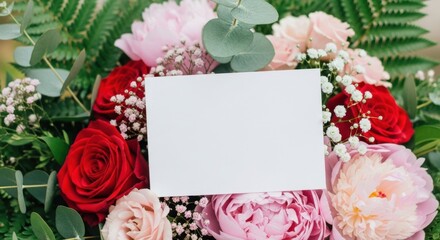 Beautiful floral arrangement featuring red roses pink peonies and delicate baby s breath with a blank card