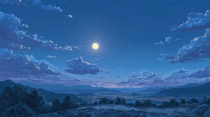 A calm night scene showcases a bright full moon casting light over a peaceful valley. Soft clouds drift through the night sky while distant mountains frame the horizon.