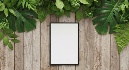 Blank screen tablet resting on rustic wood surface surrounded by lush green tropical foliage