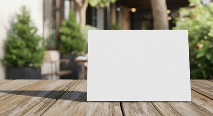 Blank white square sign displayed on a weathered wooden table with lush greenery in the background