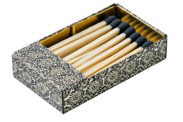 Abstract star motif matchbox showing long safety matches and worn striker panel isolated on transparent background.
