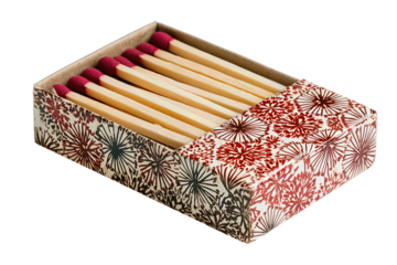 Abstract star motif matchbox showing long safety matches and worn striker panel isolated on transparent background.
