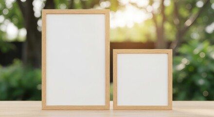Two blank wooden framed boards displayed on a table with a blurred green foliage background