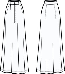 Technical fashion flat sketch of long flared skirt with waistband, zipper closure and seam details front and back vector illustration
