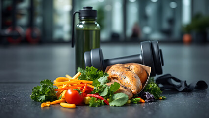 fresh vegetables and a glass jar gym fitness theme, dieting and exercise