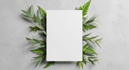Blank white card surrounded by lush greenery and delicate fern fronds on a textured surface