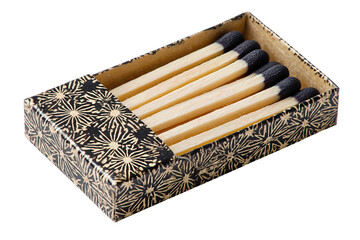 Abstract star motif matchbox showing long safety matches and worn striker panel isolated on transparent background.
