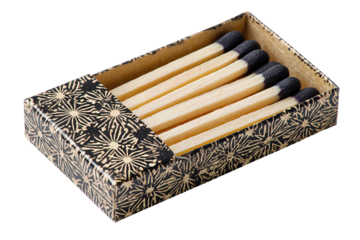 Abstract star motif matchbox showing long safety matches and worn striker panel isolated on transparent background.

