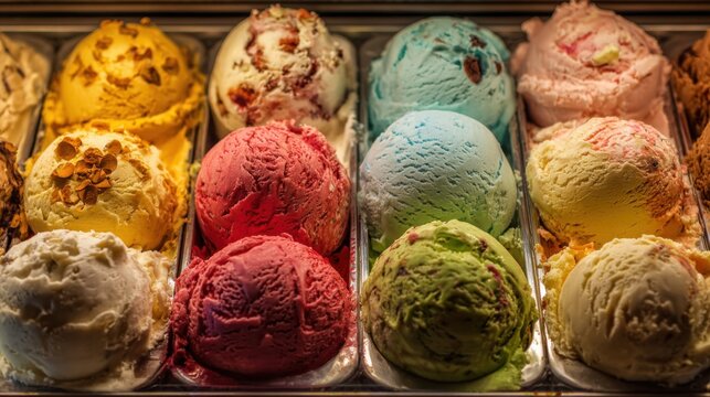 Bright scoops of ice cream in various flavors sit in a shop display case. Customers enjoy the sweet treats on a sunny summer day. The shop is filled with delightful aromas.