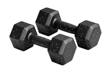 Fitness weights featuring octagonal heads and confetti accents on surface isolated on transparent background.
