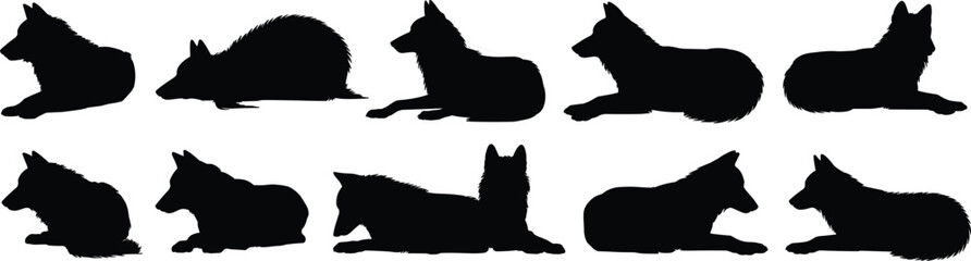 German Shepherd Dog Silhouettes in Laying Pose, Resting Dog Vector Collection, Pet Animal Graphic Design, Black Dog Silhouette Art