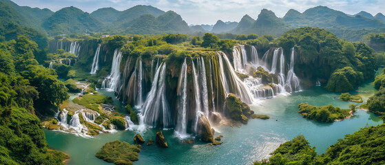Lush Tropical Waterfall Cascade in Mountain Landscape 